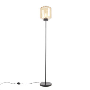 Designová stojací lampa černá s jantarovým sklem – Qara