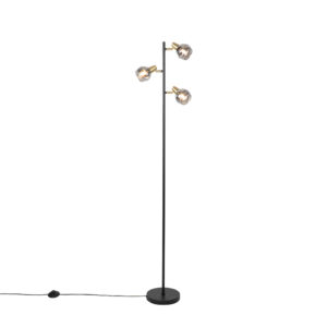 Stojací lampa ve stylu art deco černé a zlaté s kouřovým sklem 3-světlo – Vidro