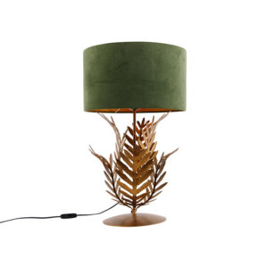 Vintage stolní lampa zlatá s velurovým odstínem zelené 35 cm – Botanica