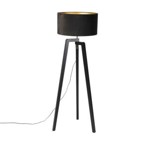 Stojací lampa stativ černé dřevo s černým odstínem 50 cm – Puros