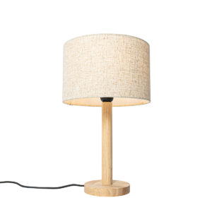 Venkovská stolní lampa dřevěná s lněným stínidlem béžová 25 cm – Mels
