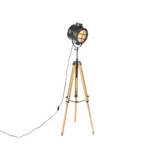 Stativová stojací lampa černá s dřevěným studiovým bodem – Lesklá