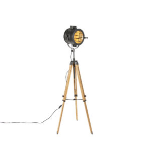 Stativová stojací lampa černá s dřevěným studiovým bodem – Radient