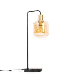 Designová stolní lampa černá s mosazí a jantarovým sklem – Zuzanna