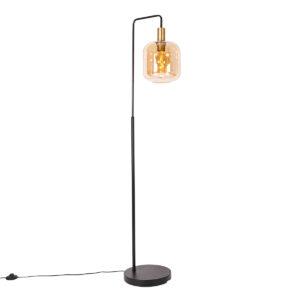 Designová stojací lampa černá s mosazí a jantarovým sklem – Zuzanna