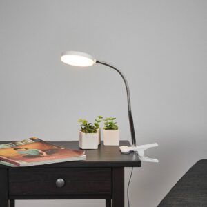 Stolní lampa Lindby LED s klipem Milow, bílá, kov, výška 36 cm